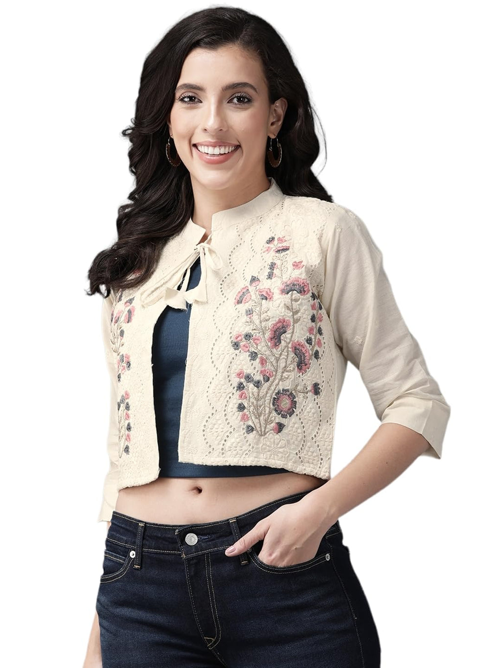 Aarika Womens Cream-Grey Colour Cotton Chikan Ethnic Jacket (JK-W-AK-516-CREAM-GREY-44)