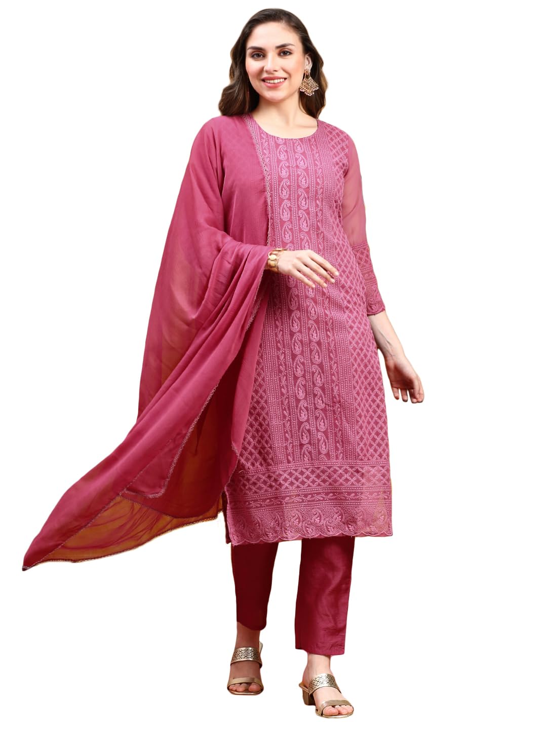 Ishin Women Ethnic Motifs Embroidered Regular Chikankari Kurta Set| Kurta With Trousers & Dupatta| Kurta Set For Women