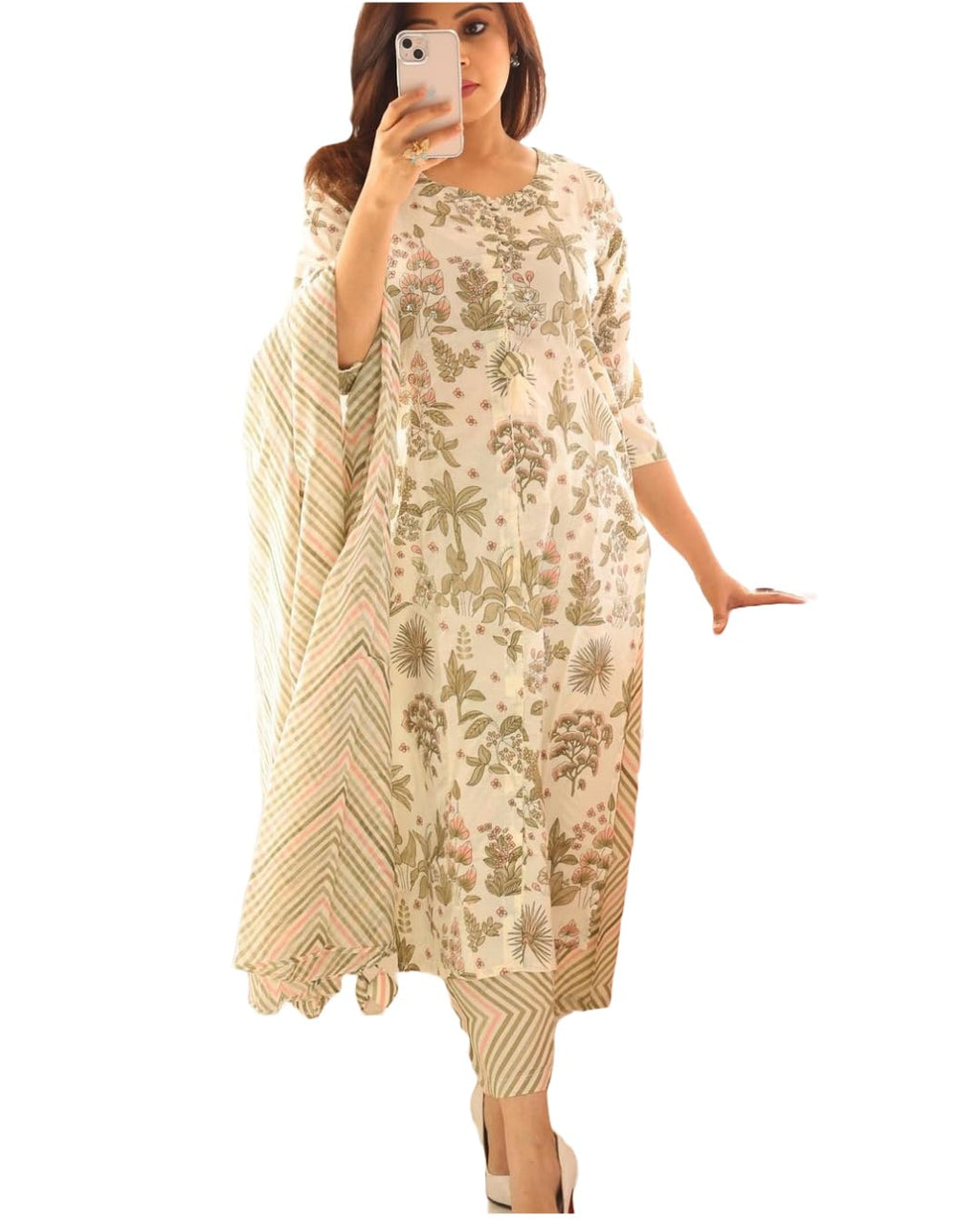 ANNI DESIGNER Womens Rayon Blend Straight Printed Kurta with Pant & Dupatta (Damlur Cream_M_Cream_Medium)