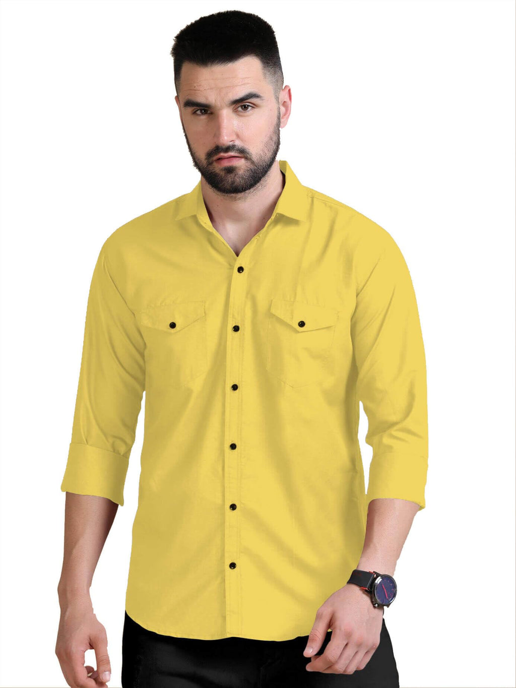 Rebelify MenS Double Pocket Shirt  Classic Casual Cotton Blend With Adjustable Cuffs Yellow