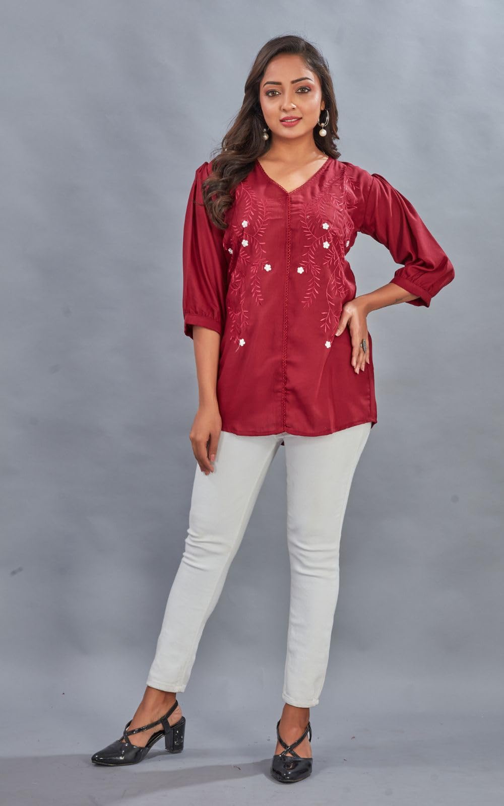 Kesudi WomenS Embroidered Regular Fit Tunic Shirt With Collar Neck - Full Sleeves - Elegant Button-Down Shirt For Office, Casua