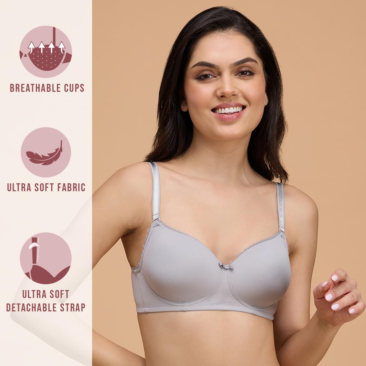 Nykd Butter-Soft Brushed Polyamide Wireless T-Shirt Bra With Breathable Padded Cups And Detachable Straps | Sweetheart Neckline