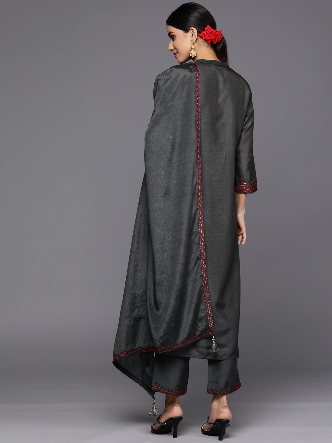 Libas Womens Self Design Silk Blend Straight Kurta With Trousers And Dupatta