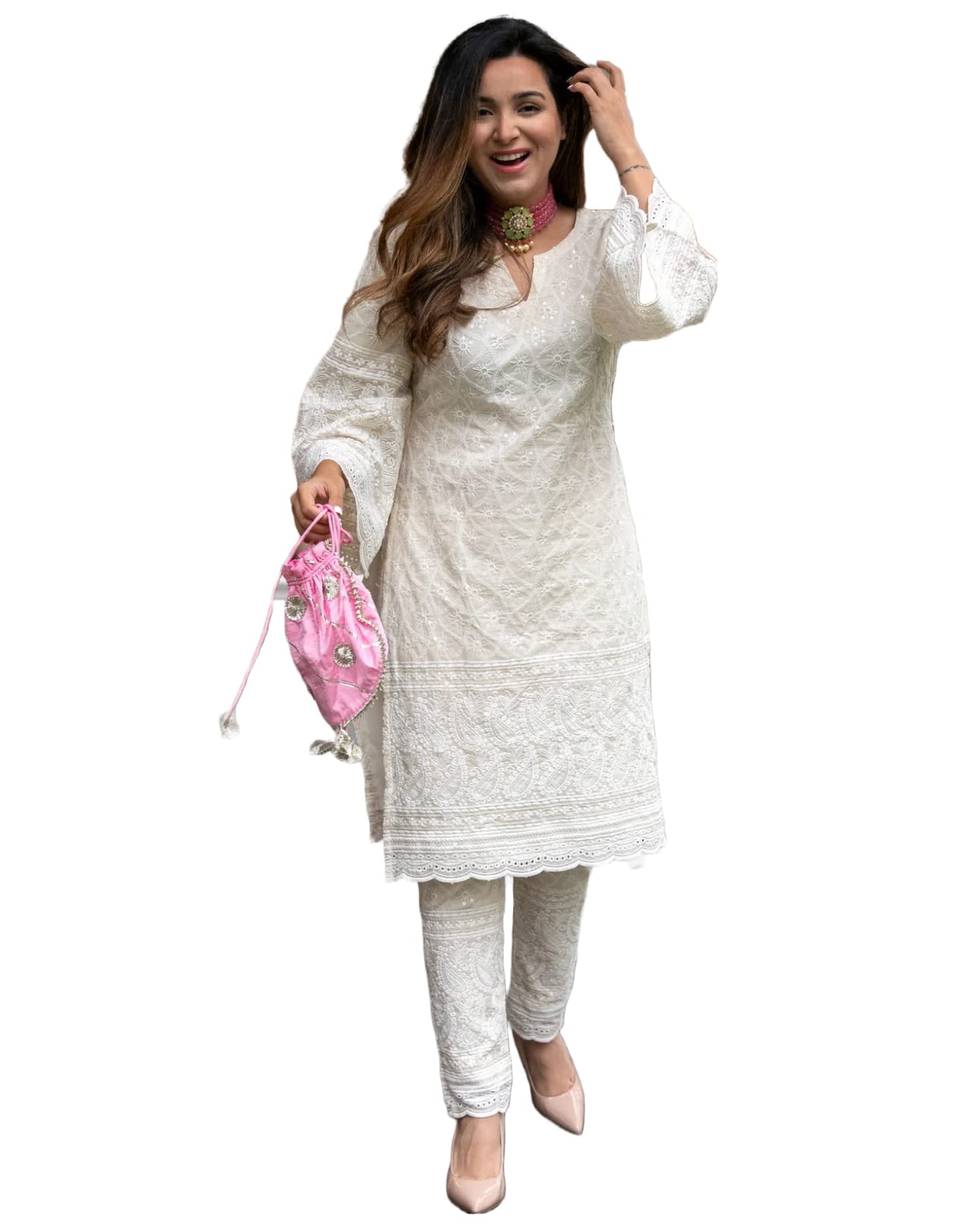 ANNI DESIGNER Womens Pure Cotton Chikankari Embroidered Straight Kurta with Pant (Mavak Cream_XL_Cream_X-Large)