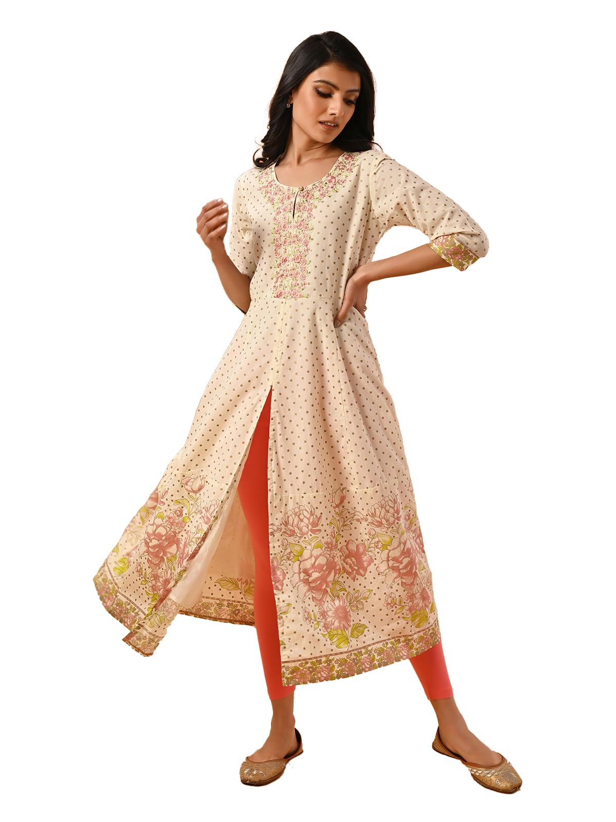 Rangita Cream Cotton Calf Length Embroidered Front Slit Kurti For Women | Kurta For Women_3Xl