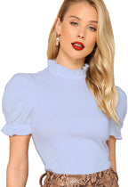 Shasmi Womens Sky Blue Pleated High Neck Short Puff Sleeve Ruched Bust Solid Tops for Women/Tops for Girls (Shree Top 22 Sky Bl