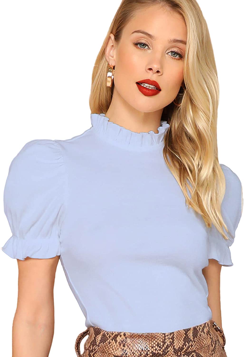 Shasmi Womens Sky Blue Pleated High Neck Short Puff Sleeve Ruched Bust Solid Tops for Women/Tops for Girls (Shree Top 22 Sky Bl