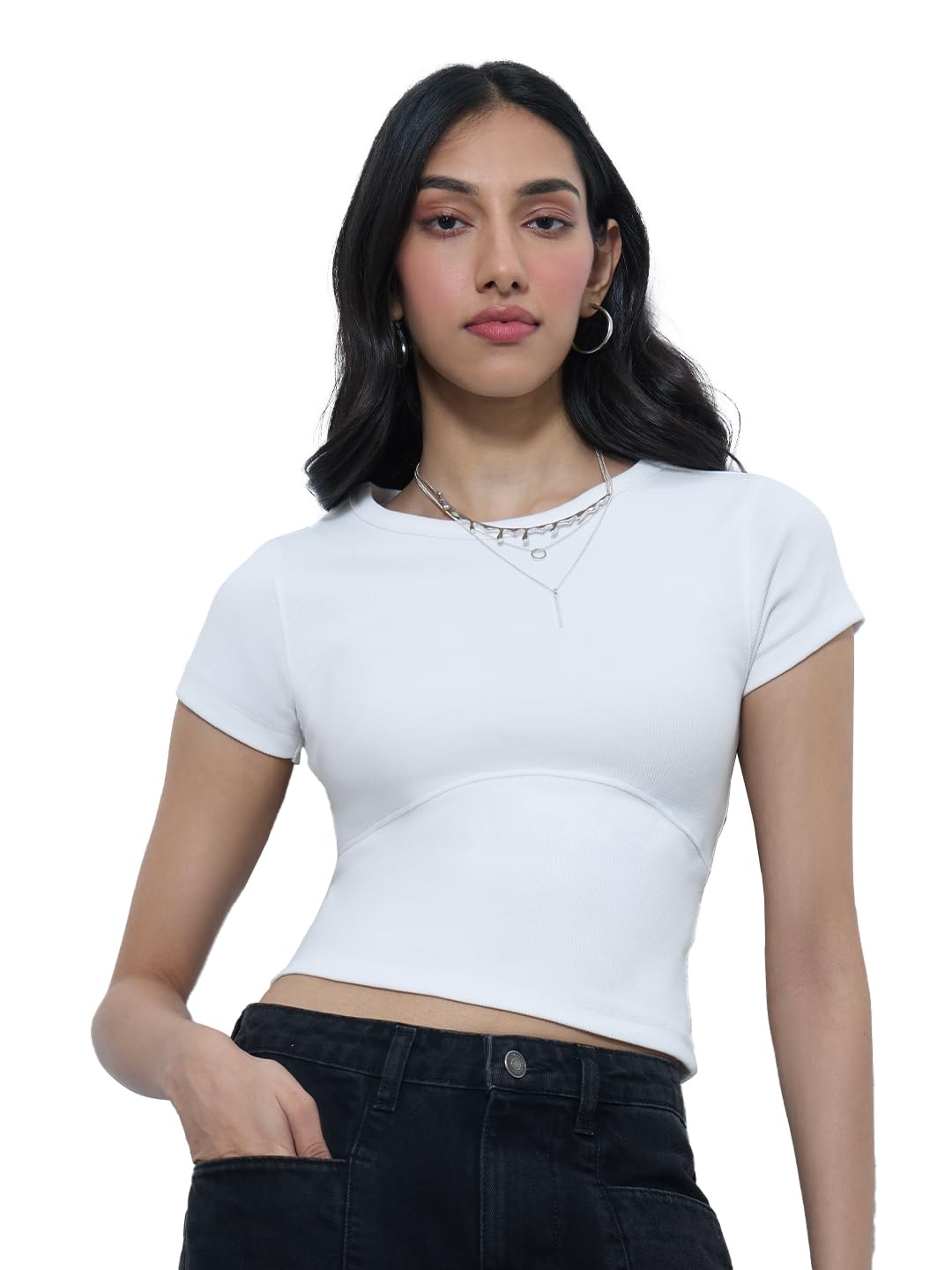 The Souled Store Ribbed Top: Pearl Women and Girls Short Sleeves Round Neck Solid Cotton Blend Slim Fit T-Shirts