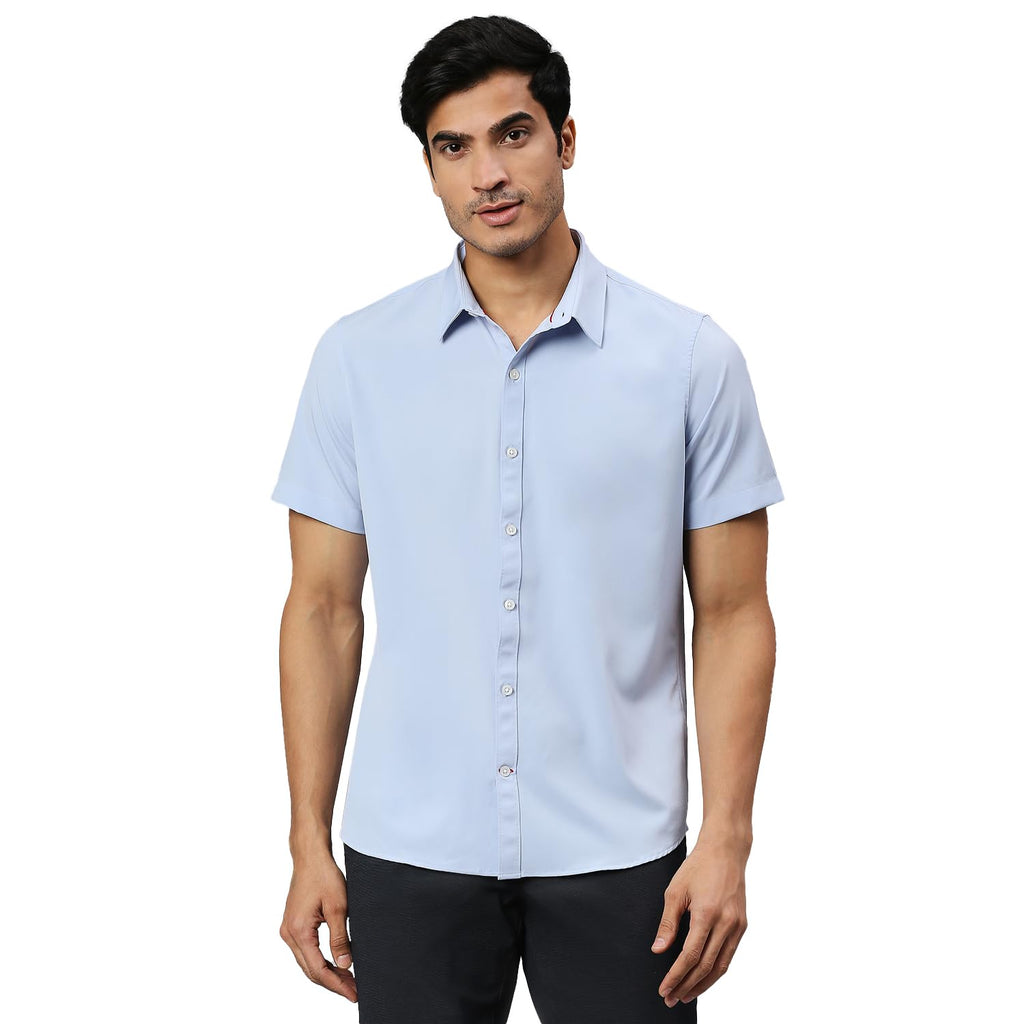 Thomas Scott Mens | Half Sleeve | Solid Plain Color | Regular Fit | Polyester Blend | Spread Collar | Casual | Shirts (Sky Blue_