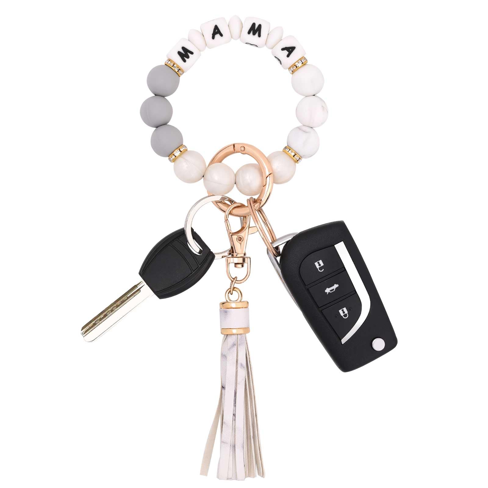 BAOSIWA Women Silicone Keychain Bracelet Beaded Wristlet Key Ring Christmas White Bangle Chains with Leather Tassel