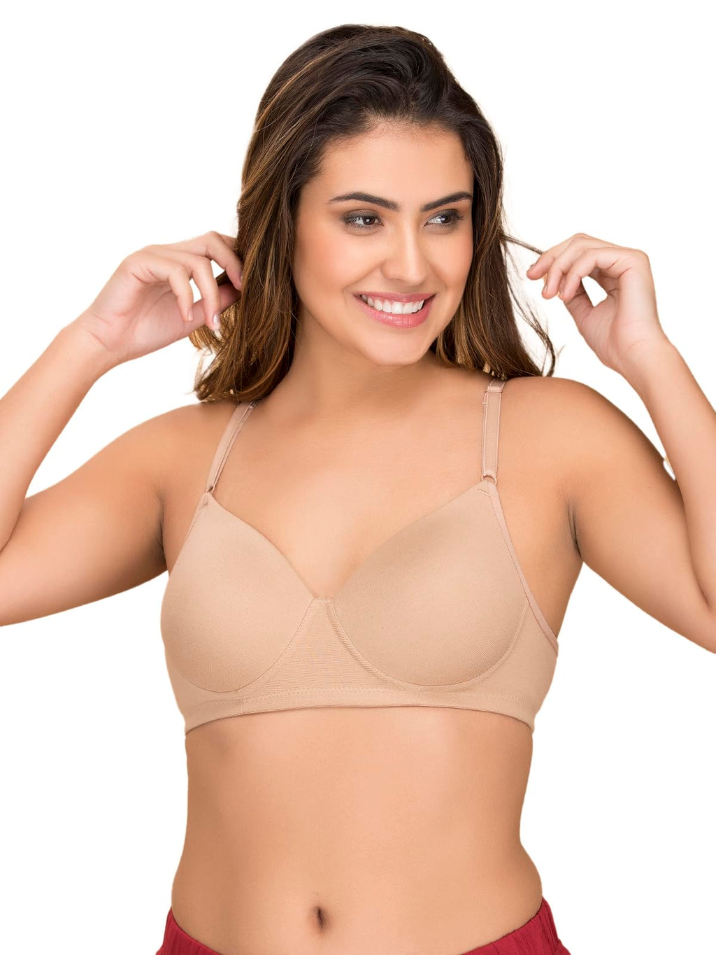Clovia Womens Cotton Rich Solid Padded Full Cup Wire Free T-Shirt Bra (BR1279P24_Skin_34B)
