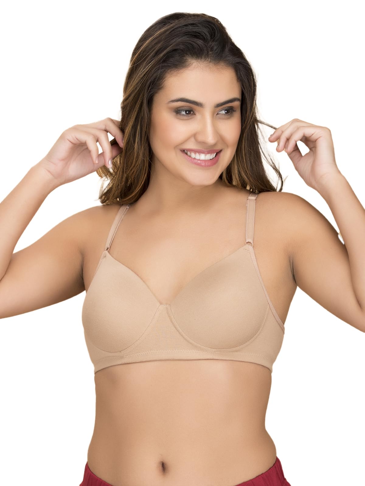 Clovia Womens Cotton Rich Solid Padded Full Cup Wire Free T-Shirt Bra (BR1279P24_Skin_34B)