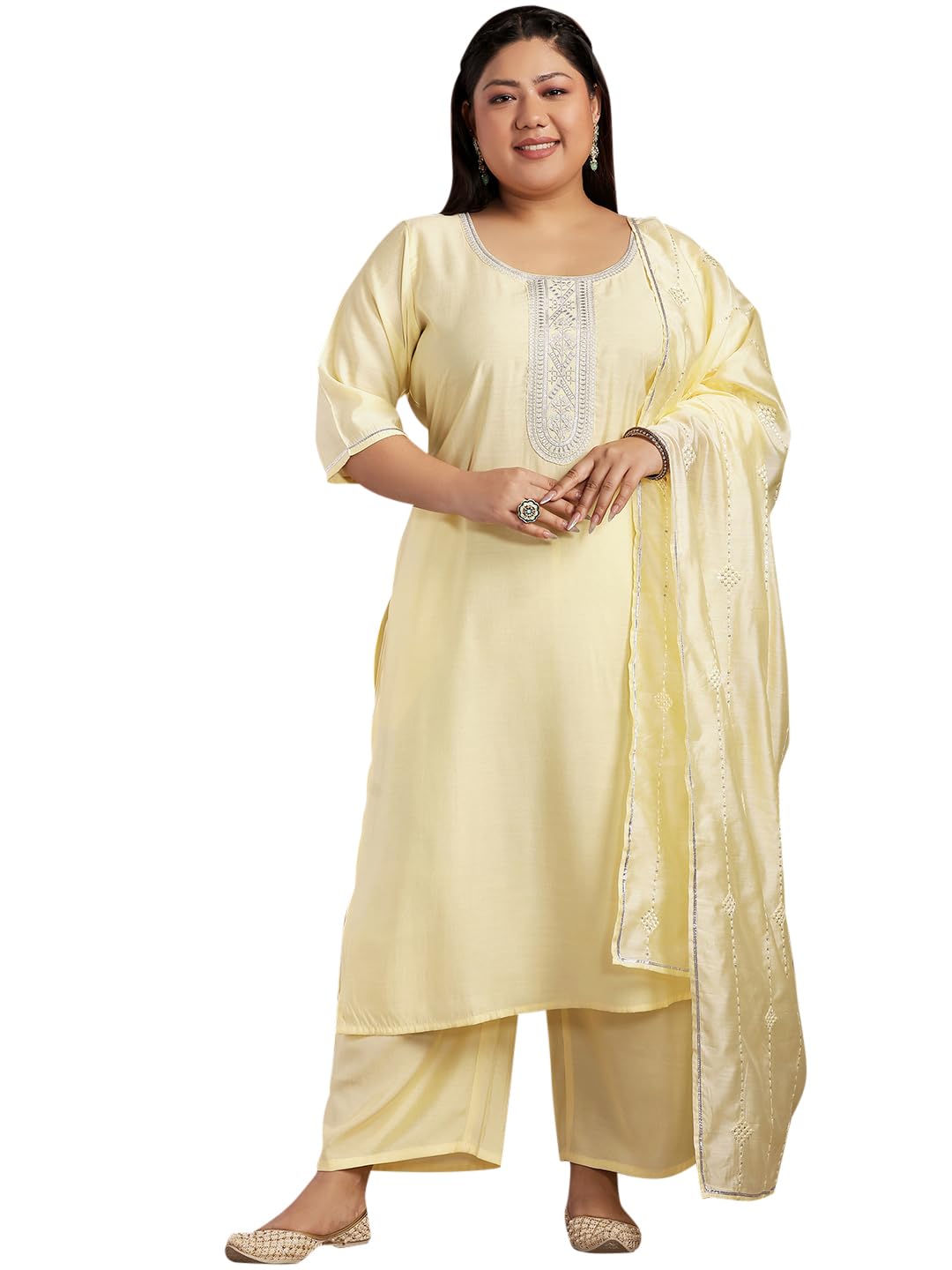Libas Plus Size Womens Yoke Design Silk Blend Straight Kurta With Trousers And Dupatta