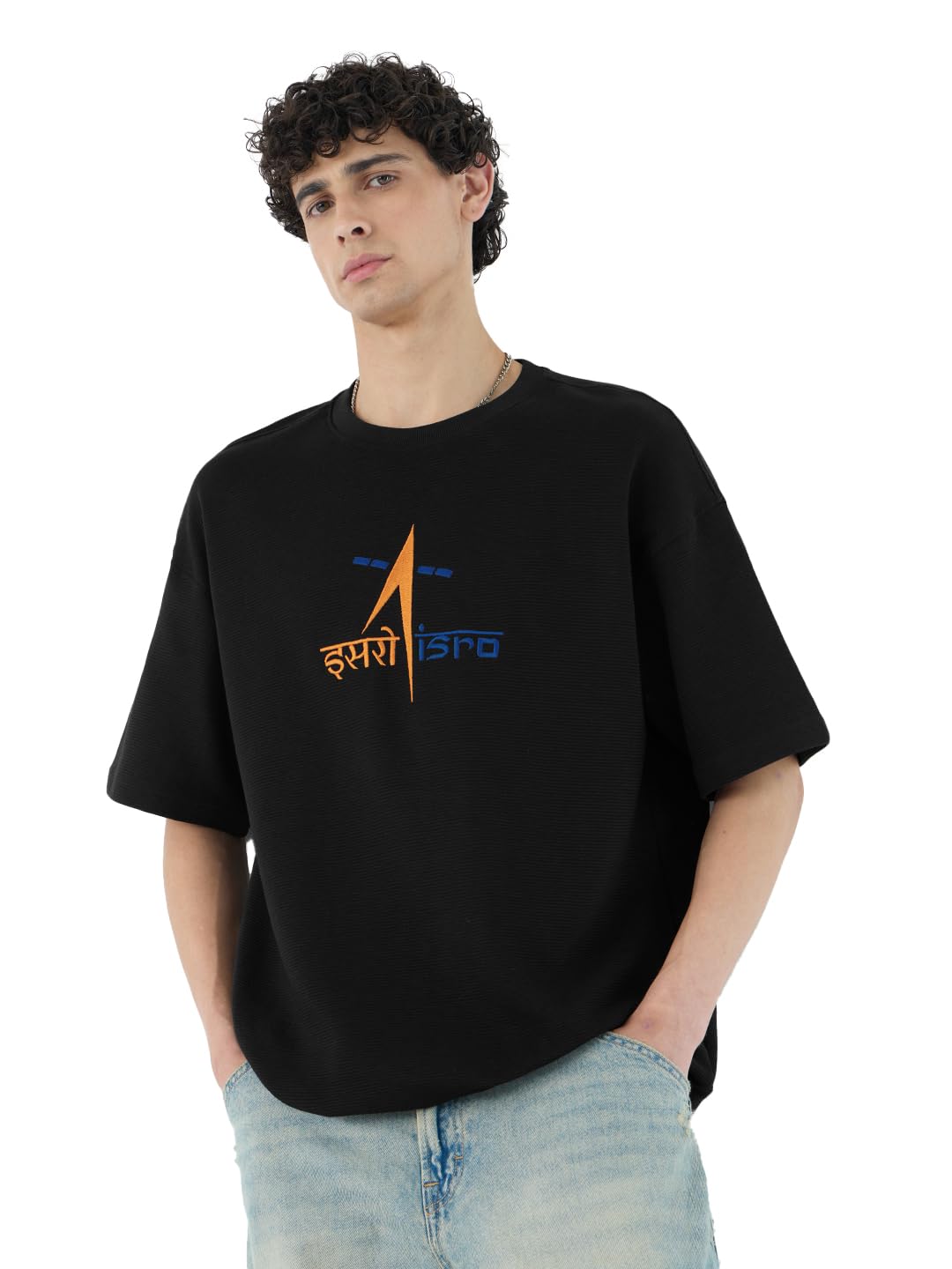 The Souled Store ISRO: Space Explorer Men and Boys Short Sleeves Round Neck Black Embroidered Cotton Oversized T-Shirts