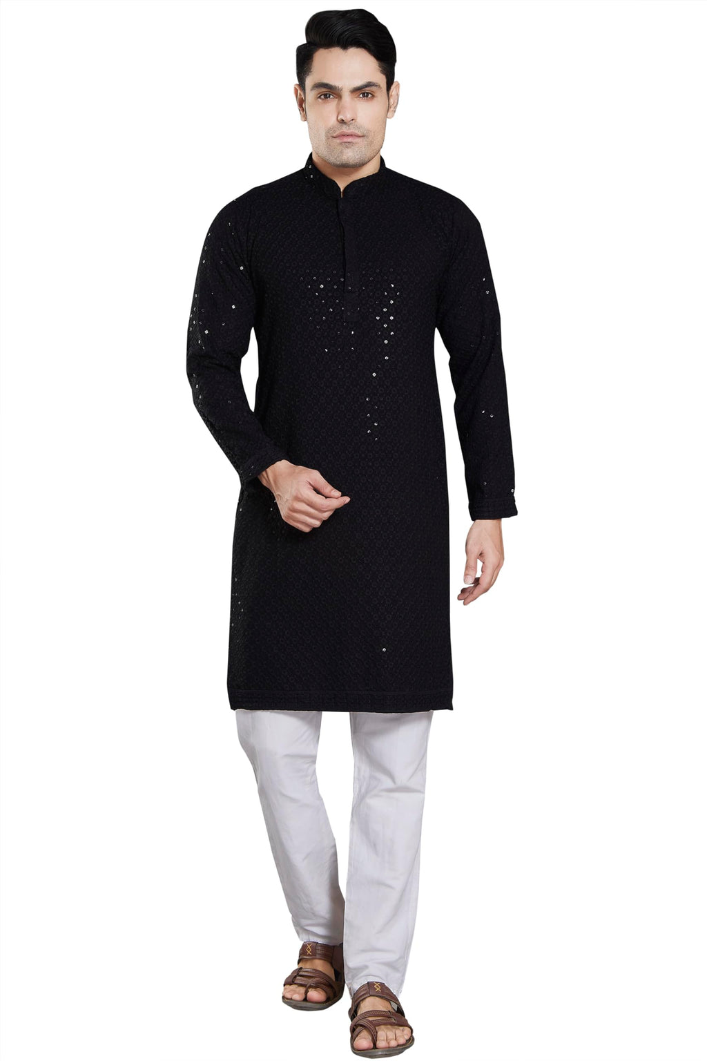 DIVISIVE Mens Sequince Embroidered Cotton Blend Only Slim Fit Kurta (DKRT15_M_Black)