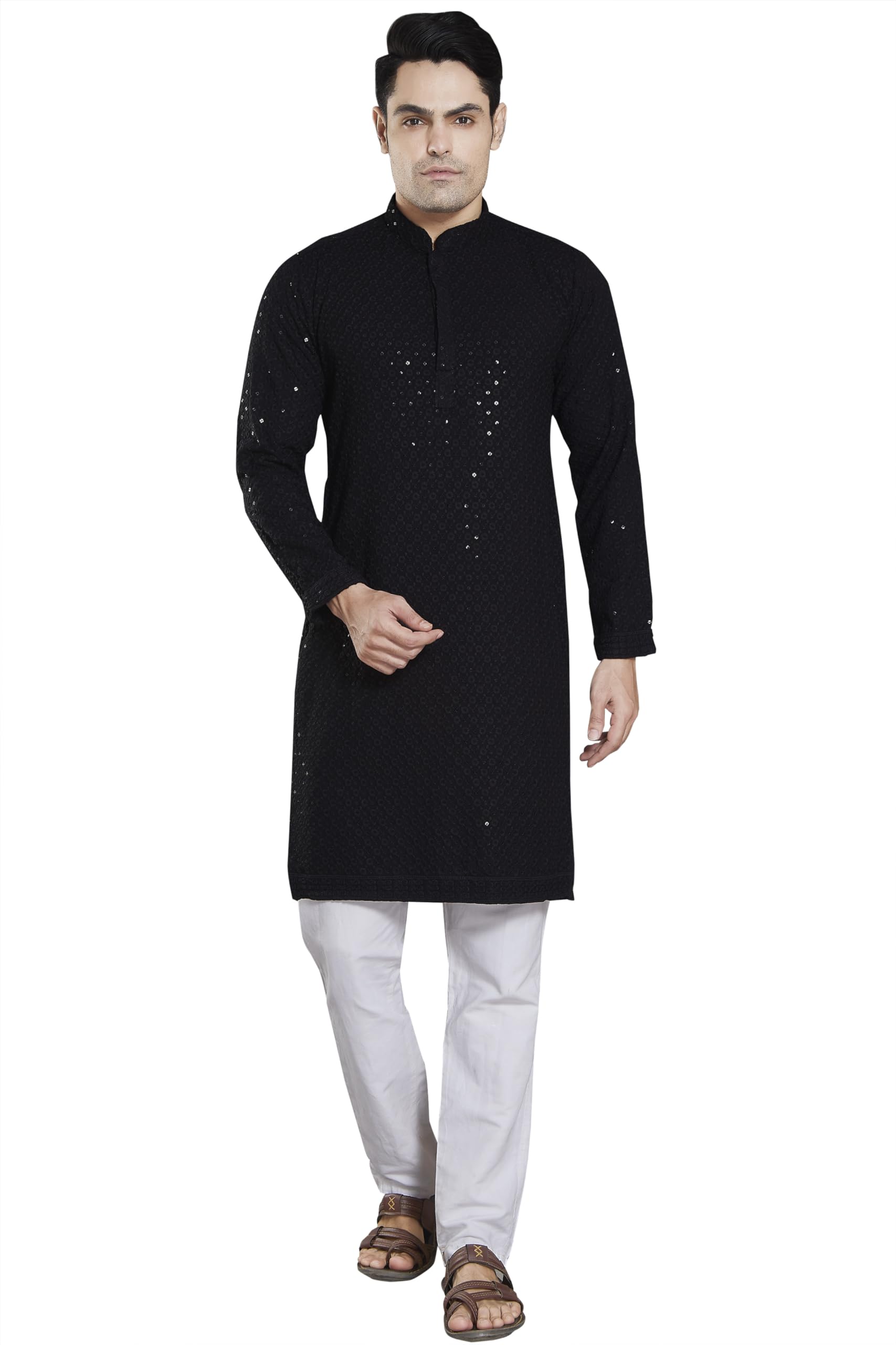 DIVISIVE Mens Sequince Embroidered Cotton Blend Only Slim Fit Kurta (DKRT15_M_Black)