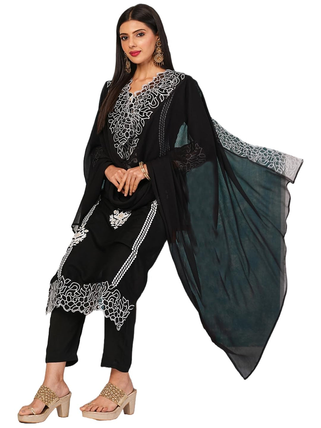 ANNI DESIGNER Womens Rayon Blend Straight Embroidered Kurta with Pant & Dupatta (TRP Black-NB_L_Black_Large)