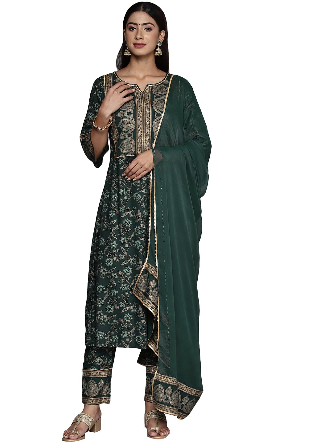 Libas Womens Printed Viscose A-Line Kurta With Trousers And Dupatta