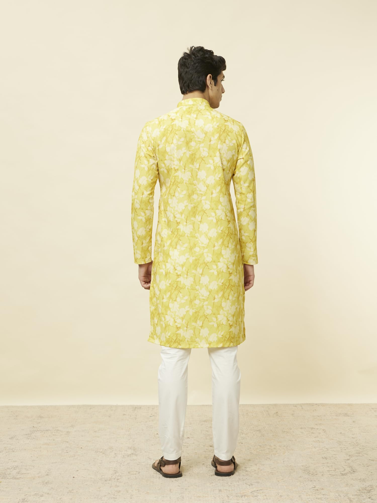 Manyavar Mens Corn Yellow Floral Printed Kurta