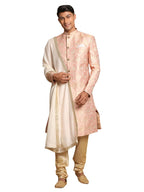 VASTRAMAY Mens Pink And Gold Silk Blend Sherwani Set - A Set Of Brocade Sherwani And Pyjama With Dupatta