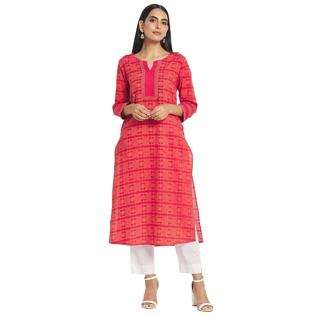 Fabindia Women Cotton Printed Long Kurta Orange_Xl