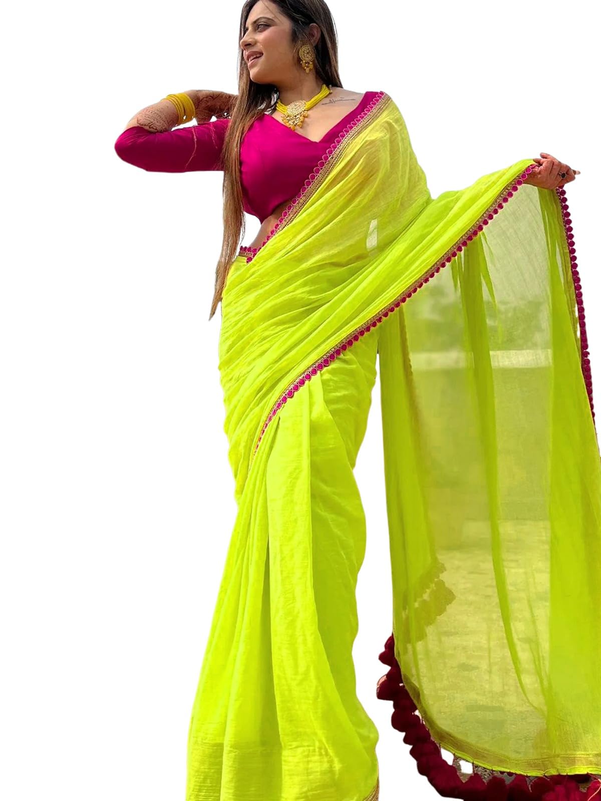 Satrani Womens Plain Georgette Saree (3961S581N_Lime Green)