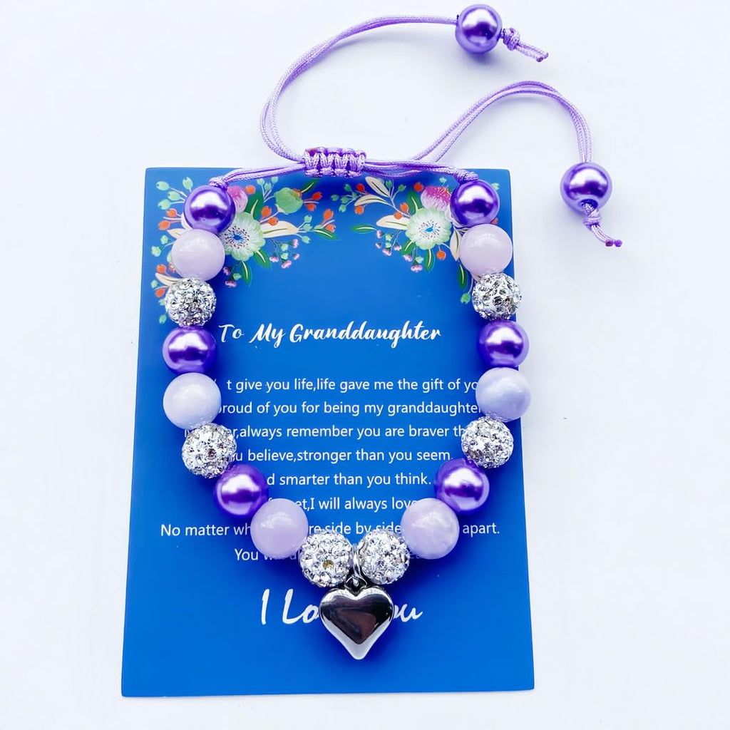DOLON Purple Beaded Rhinestone Heart Charm Granddaugther Bracelet Adjustable Jewelry Back to School Birthday Christmas Holiday G