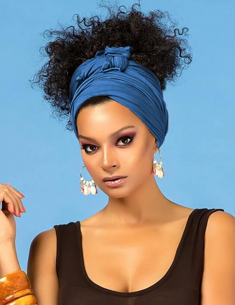 Harewom Headscarf for Black Women Fashion Long Stretch Jersey Turban Hair Wrap for Muslim Locks Headbands Steel Blue