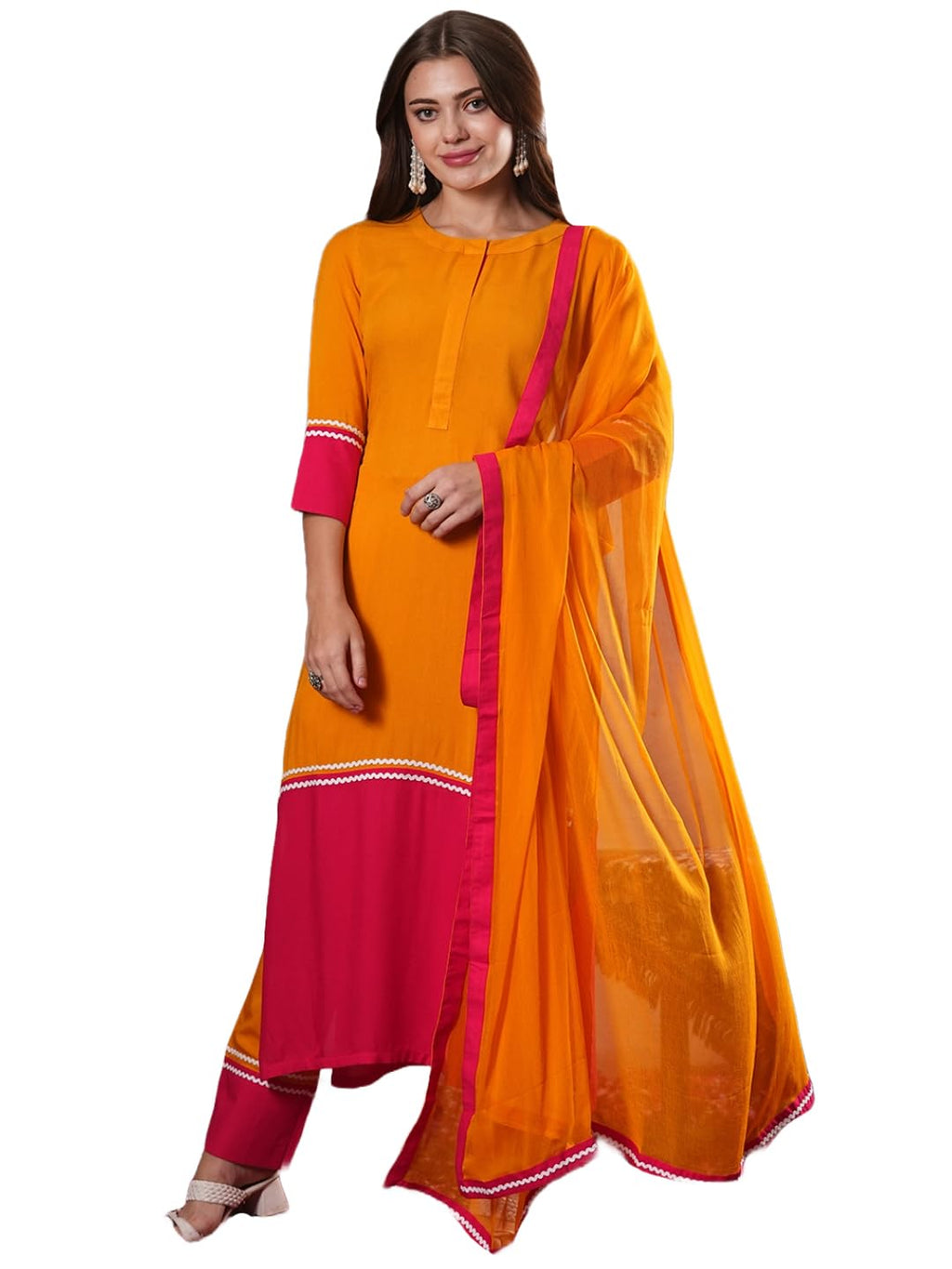 ANNI DESIGNER Womens Cotton Blend Straight Solid Kurta with Pant & Dupatta (PANAI Orange_M_Orange_Medium)