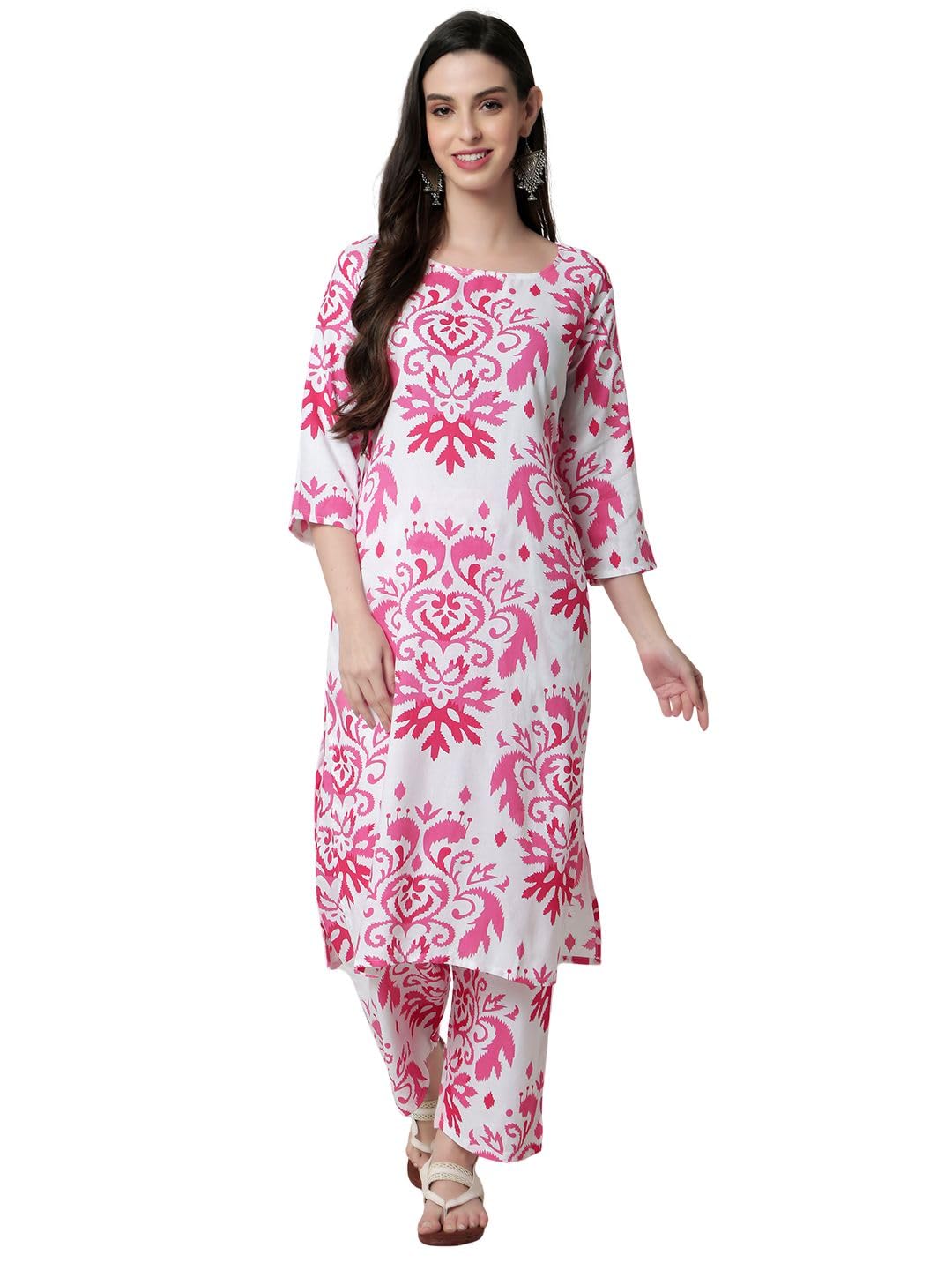 Rytras Women'S Cotton Printed Straight Kurta And Pant Set(Pink,S)