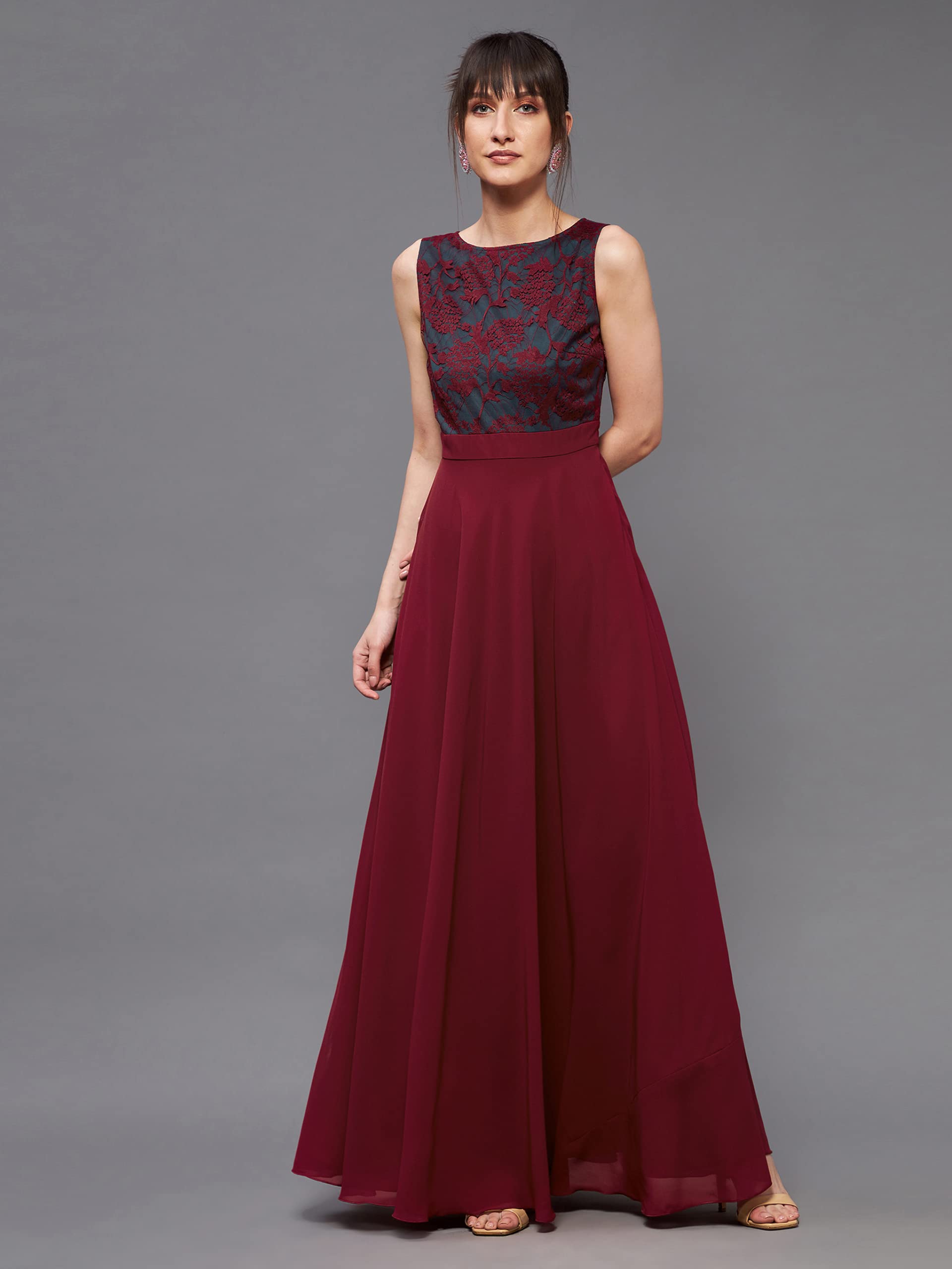 Miss Chase WomenS Round Neck Sleeveless Georgette Floral Lace Fit & Flare Maxi Dress Maroon