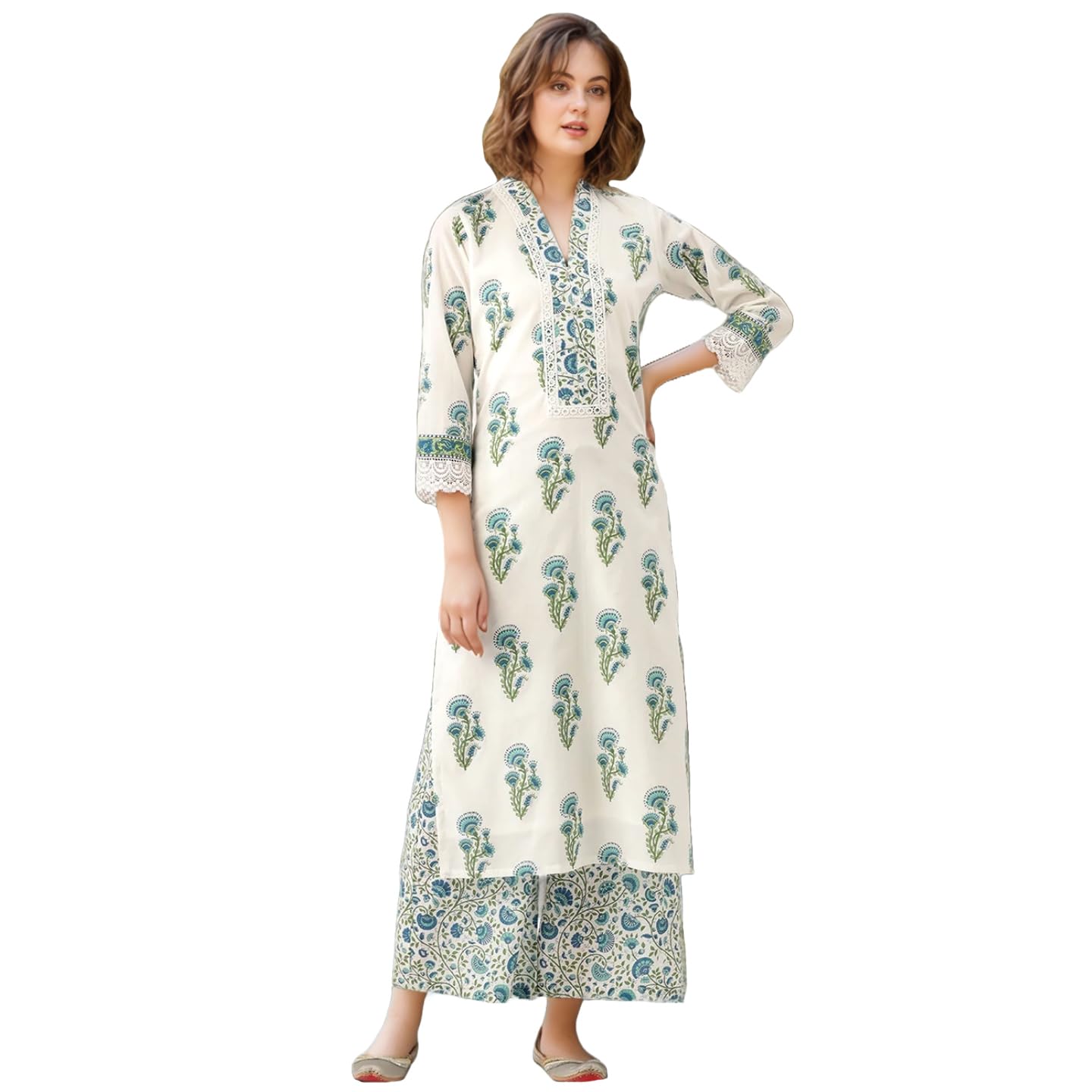 ANNI DESIGNER Womens Rayon Viscose Straight Printed Kurta with Palazzo (Kumbh White_S_White_Small)