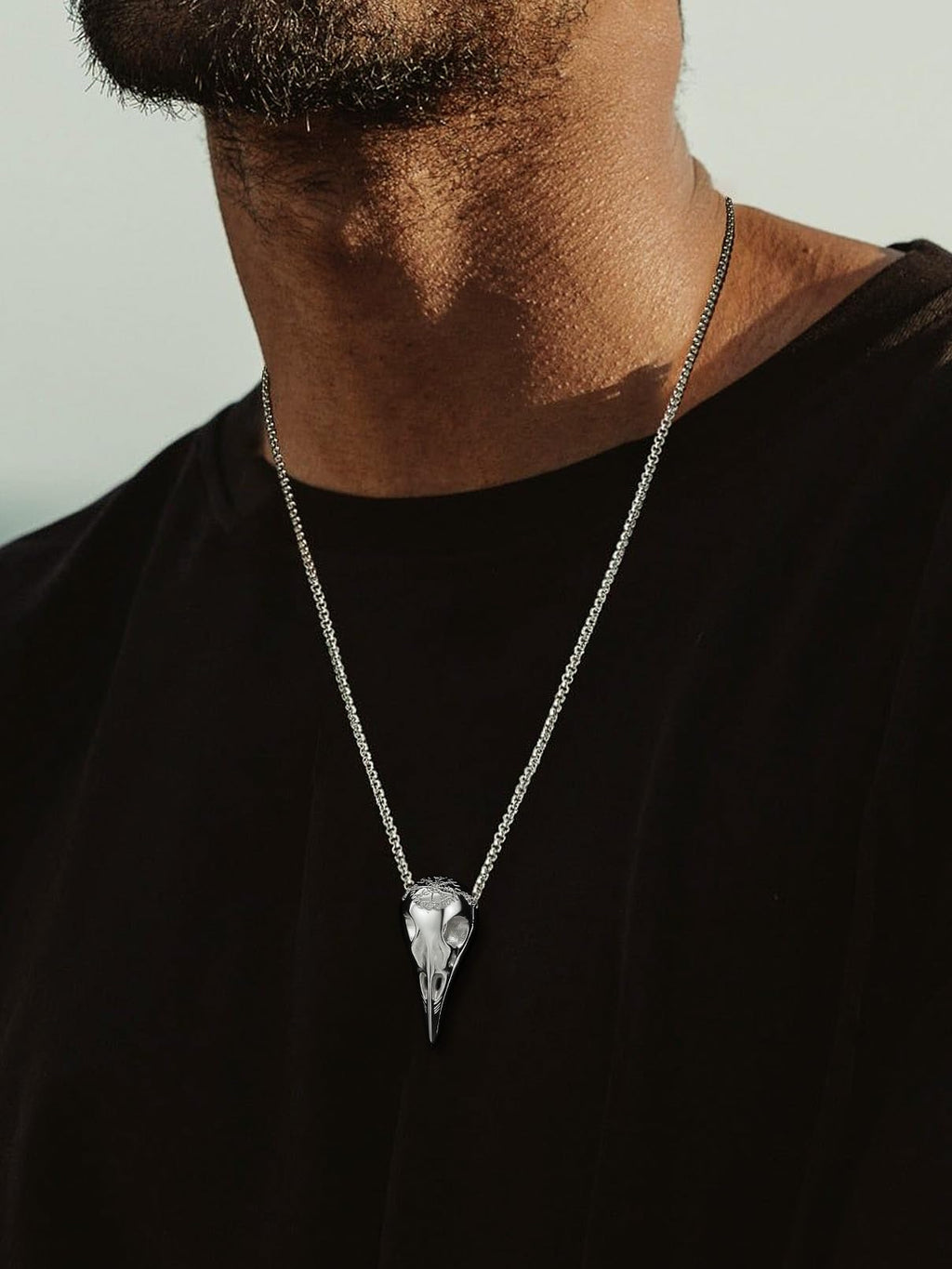 FaithHeart Viking Raven Skull Necklace for Men Stainless Steel Punk Crow Head Pendant Gothic Jewelry Halloween Accessories