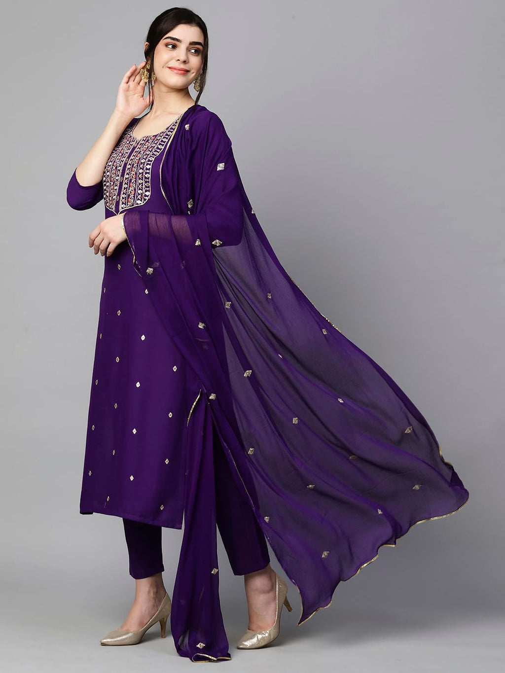 ANNI DESIGNER Womens Cotton Blend Embroidered Straight Kurta with Pant & Dupatta (Kasturi Begani-NW_L_Blue_Large)