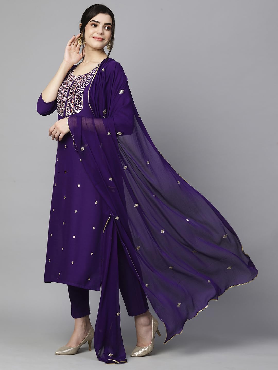 ANNI DESIGNER Womens Cotton Blend Embroidered Straight Kurta with Pant & Dupatta (Kasturi Begani-NW_XL_Blue_X-Large)