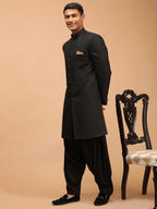 VASTRAMAY Mens Black Silk Blend Sherwani Set | Imported Fabric Designer Indowestern And Pant style Pyjama Set
