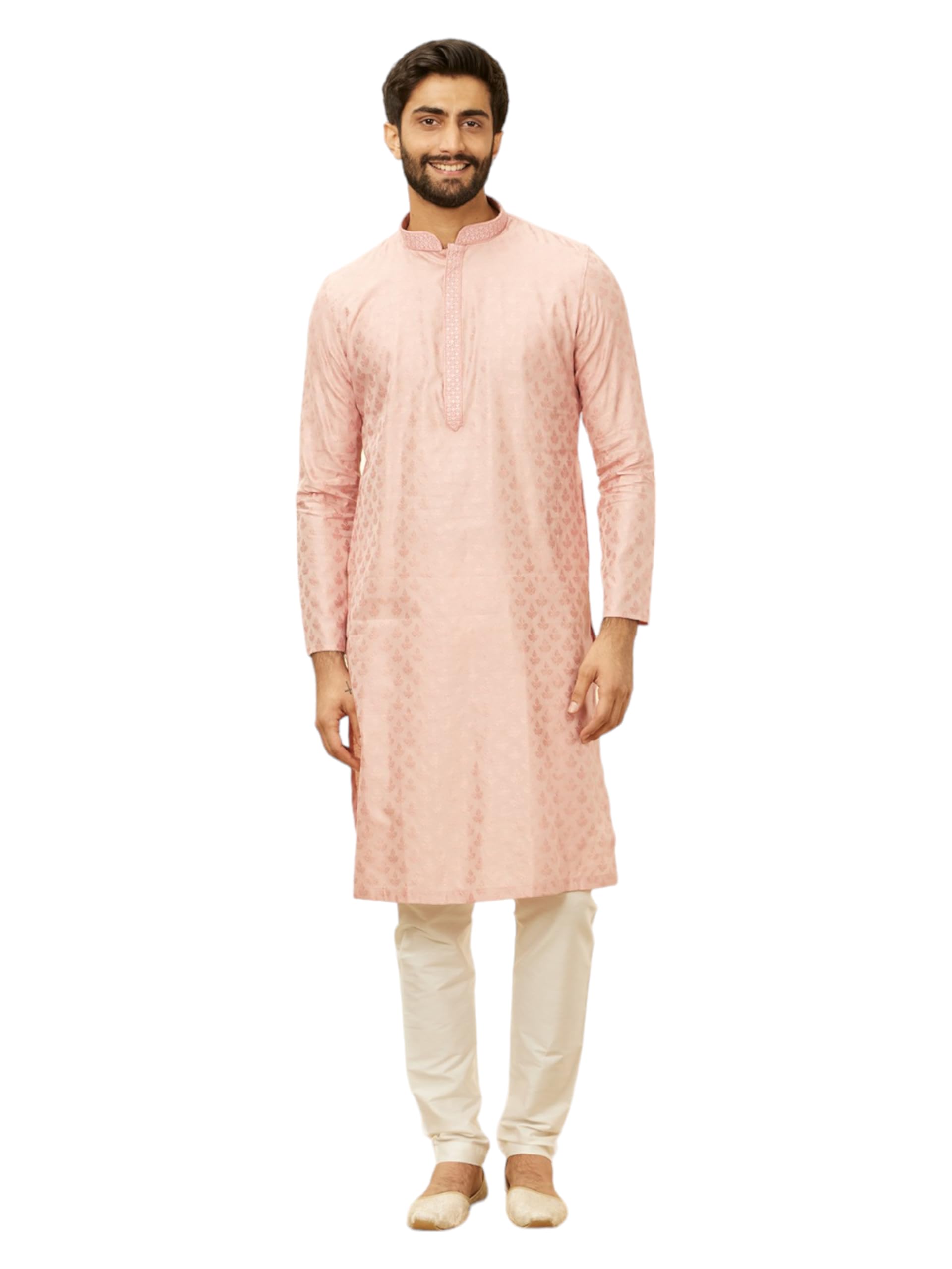 Manyavar Pink Blended Viscose Self Design Kurtas For Men (Kurta Only)