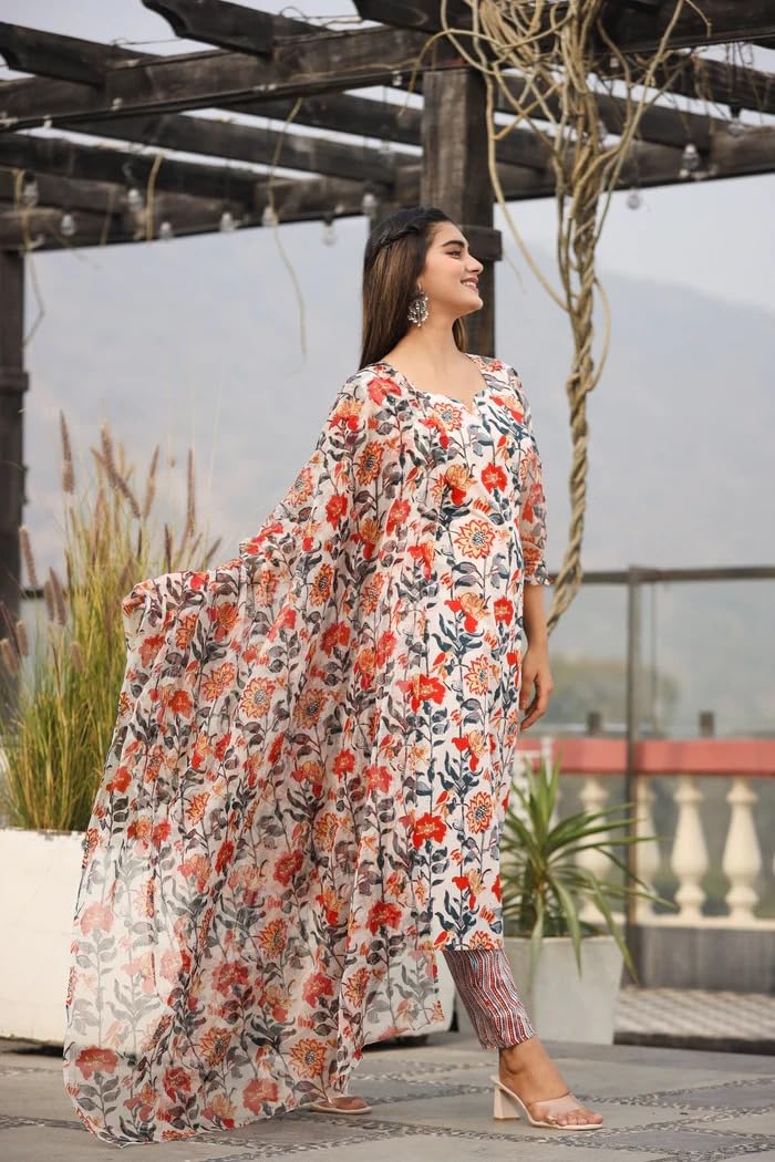 DHRUVI TRENDZ Women Cotton Blend Fancy Kurta Set Regular Fit Printed (DT-K2707&P129_White_M)