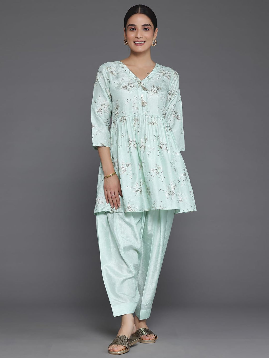 Libas Sea Green Printed Silk Blend A-Line Kurta With Salwar