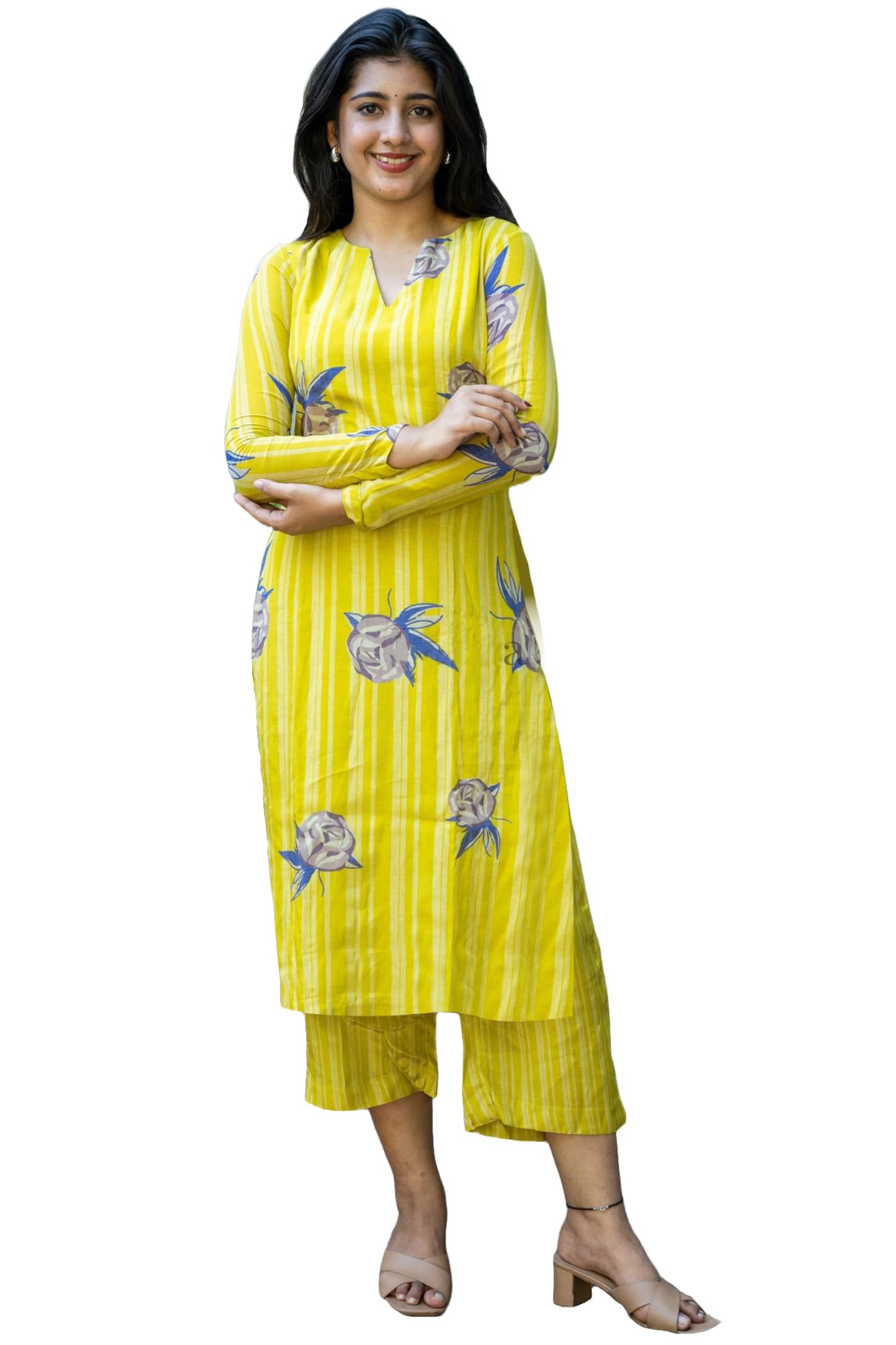 ANNI DESIGNER Womens Rayon Viscose Floral Straight Kurta with Pant (VRIDHA Yellow XXXX-Large)