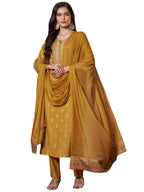 ANNI DESIGNER Women s Viscose Rayon Straight Kurta with Trousers and Dupatta, Mustard, 44