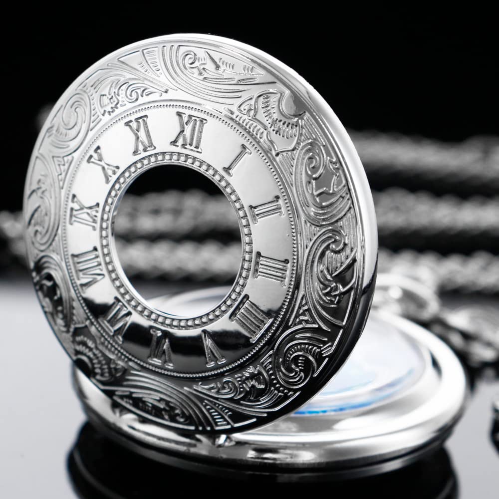 Tiong Vintage Pocket Watch Roman Numerals Scale Blue Starry Night Moon Dial Christmas Graduation Birthday Gifts Fathers Day(Silv