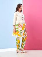 Aarika Girls Ethnic Wear Cream Colour Floral Print Khadi Cotton Kurti Pant Set -(8-15 Years)-(Kp-Tr-K-978)
