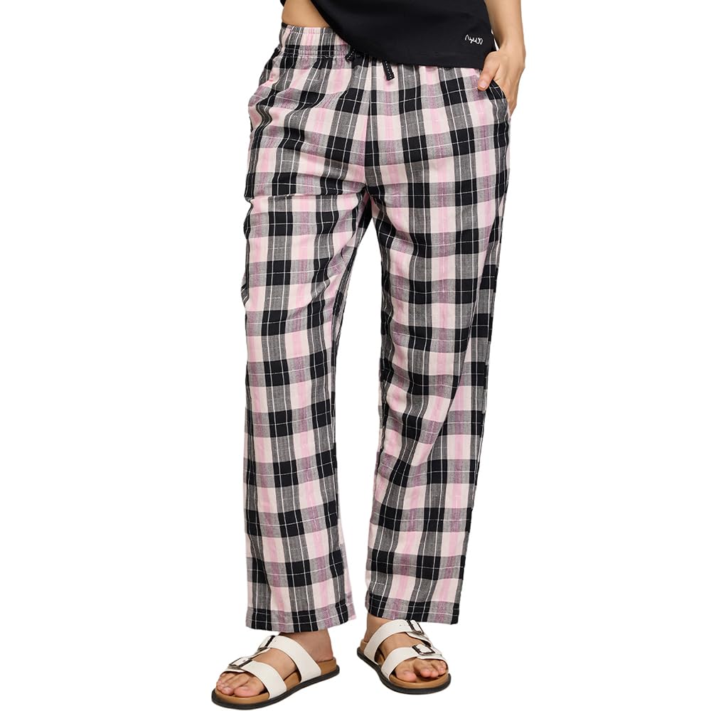 NYKD (NYS141 Checked Pure Cotton Pyjama Sleepwear Pants for Women | Relaxed Fit with Non-Slip Elasticated Waistband, Adjustable 