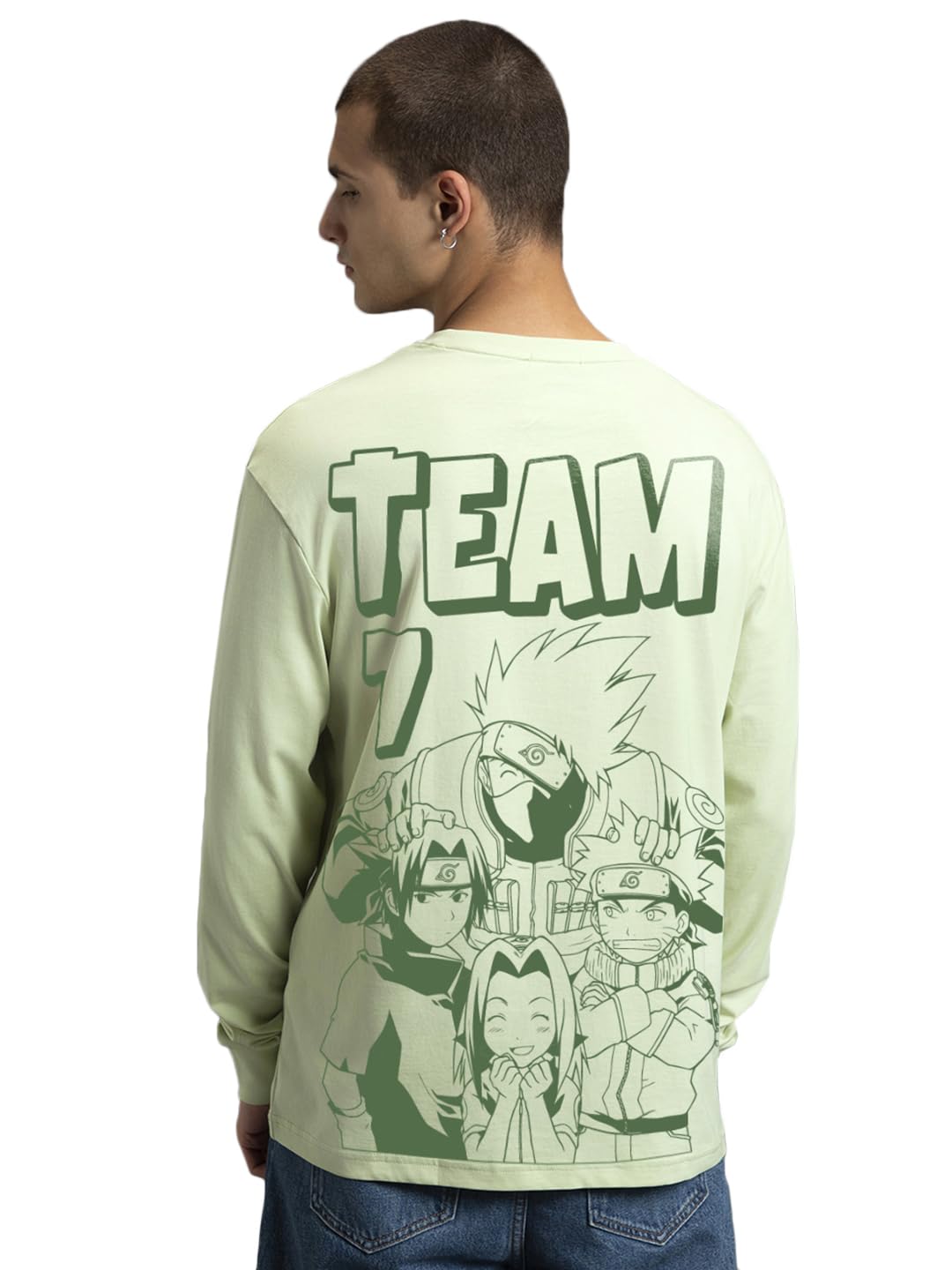 Bewakoof Official Naruto Merchandise MenS Graphic Print Oversized Fit Full Sleeve Round Neck Pure Cotton T-Shirt_677856_Green_Xl