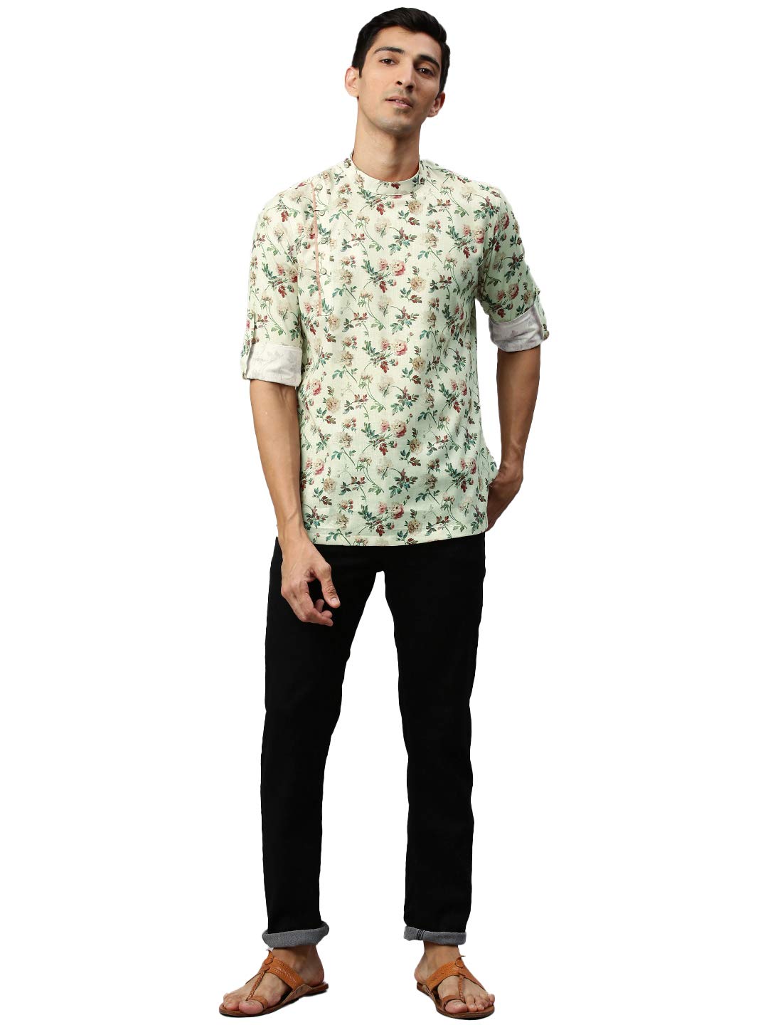 Manyavar Mens Rayon Printed Short Kurta, Buttoned, Mandarian Collar With Full Sleeves, Regular Fit, Ethnic (Cream, M)