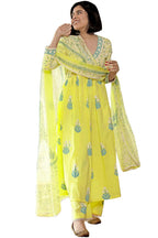 ANNI DESIGNER Womens Rayon Blend Anarkali Printed Kurta with Pant & Dupatta (Renu-Yellow-NW_XXL_Yellow_XX-Large)