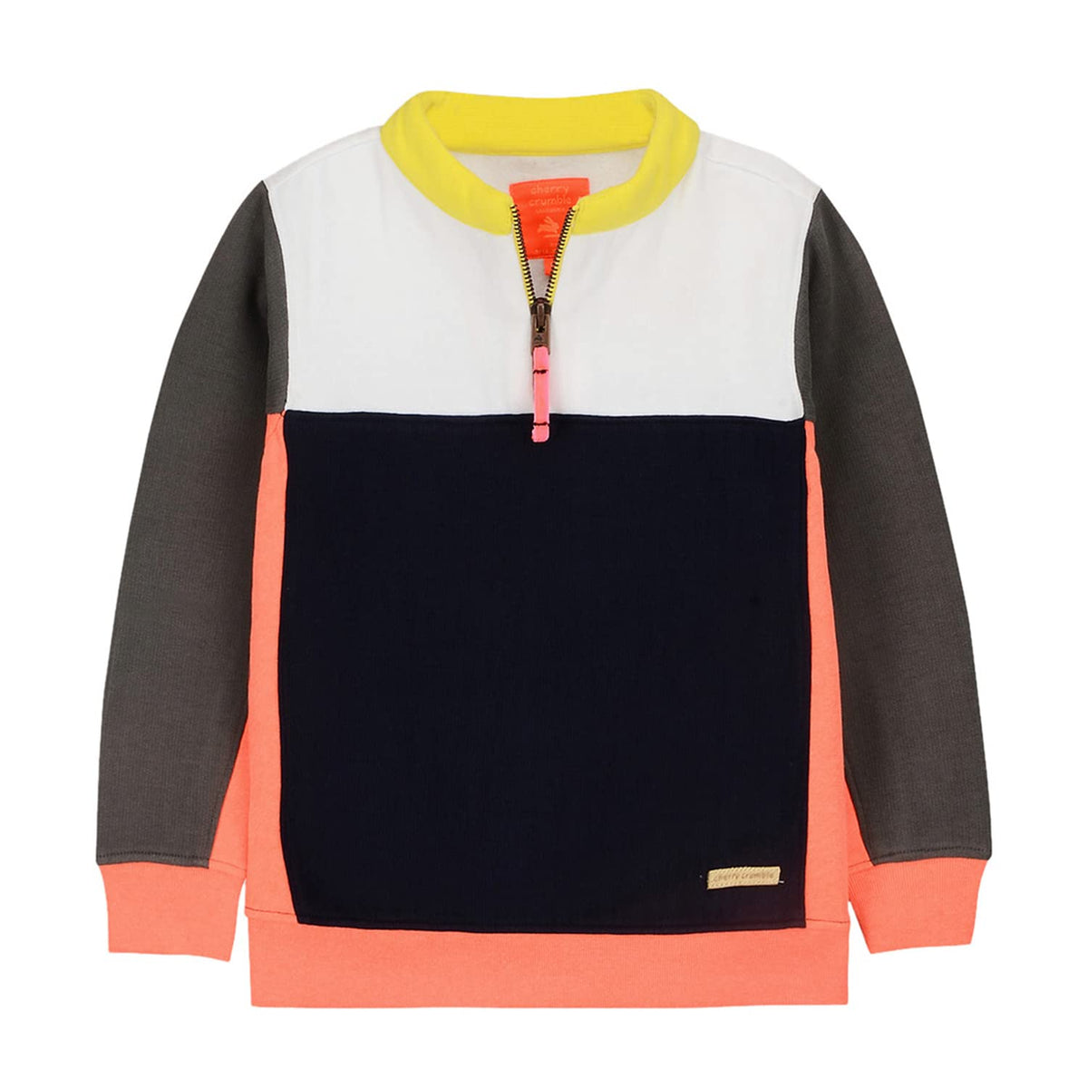 Cherry Crumble Navy Orange Color Blocked Cotton Blend Full Sleeves Stand Collar Casual Wear Regular Fit Winter Sweatshirt for Bo 18-24