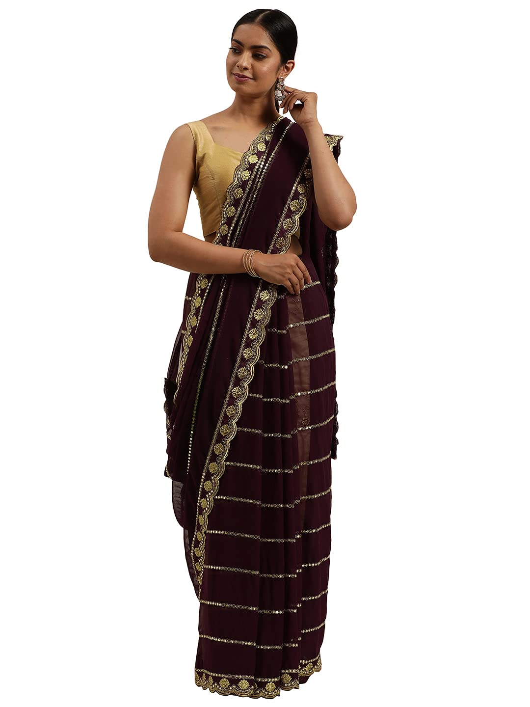 Shasmi Womens Designer Black Georgette Embroidered Fashion Designing Saree for Women (KK) (Coffee)