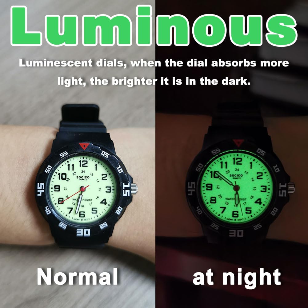 SOCICO Children Analog Watch Waterproof Time Teaching Boys Girls Watch Soft Band Learning Time Wrist Watch for Kids (Black - Flu